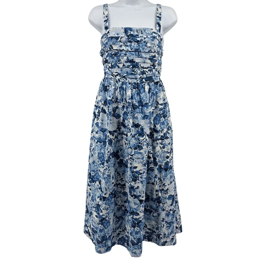 Abercrombie & Fitch Emerson Poplin Midi Dress Blue Floral SP Cottagecore
